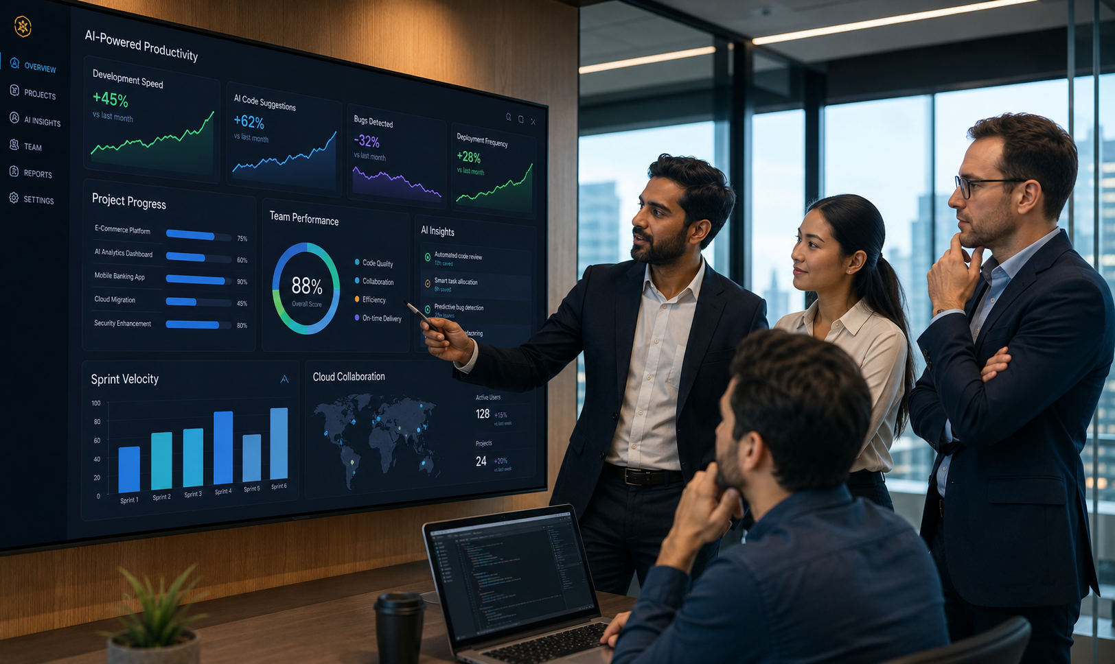 Business team improving software development productivity using artificial intelligence