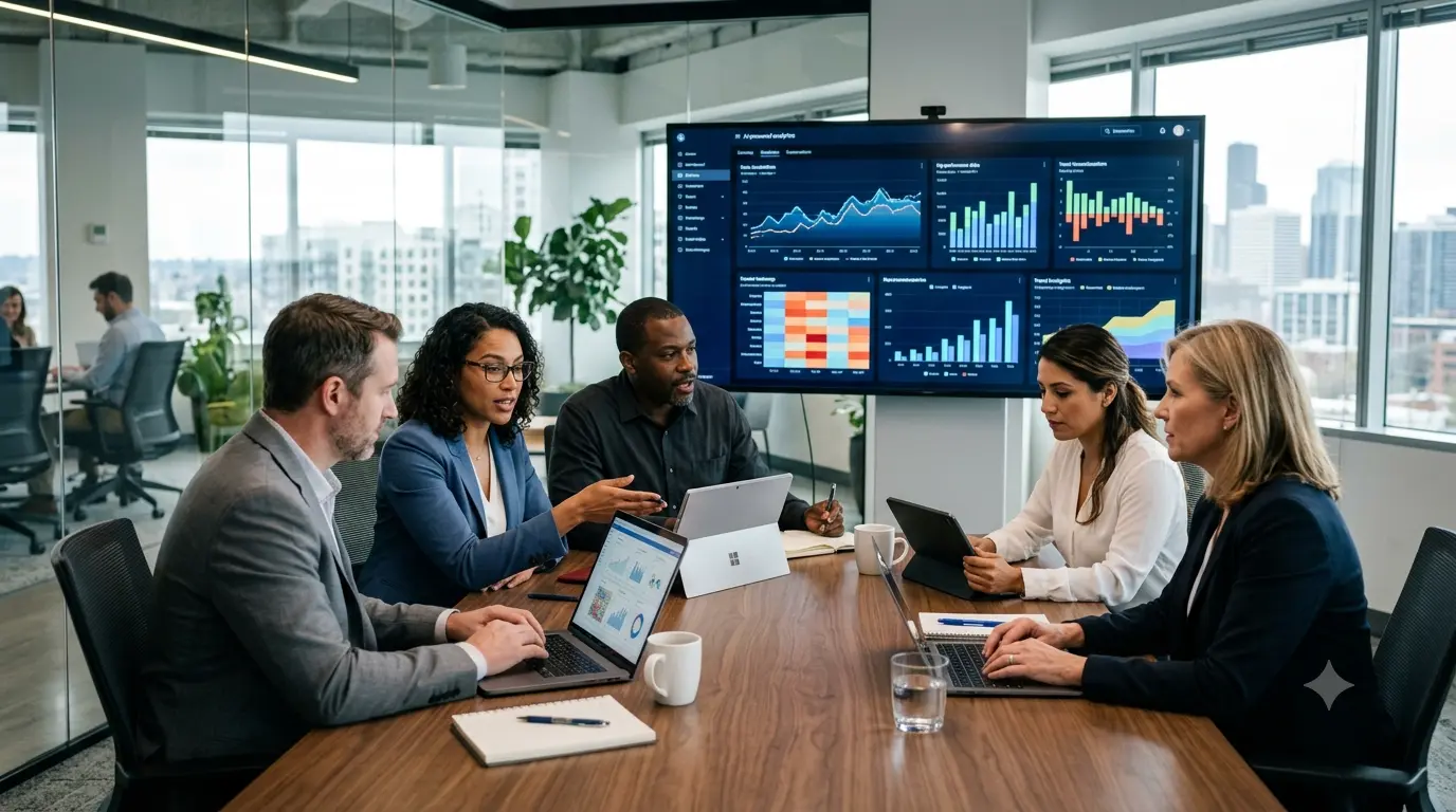 Business professionals using advanced data analytics and AI platform technology in a modern corporate office