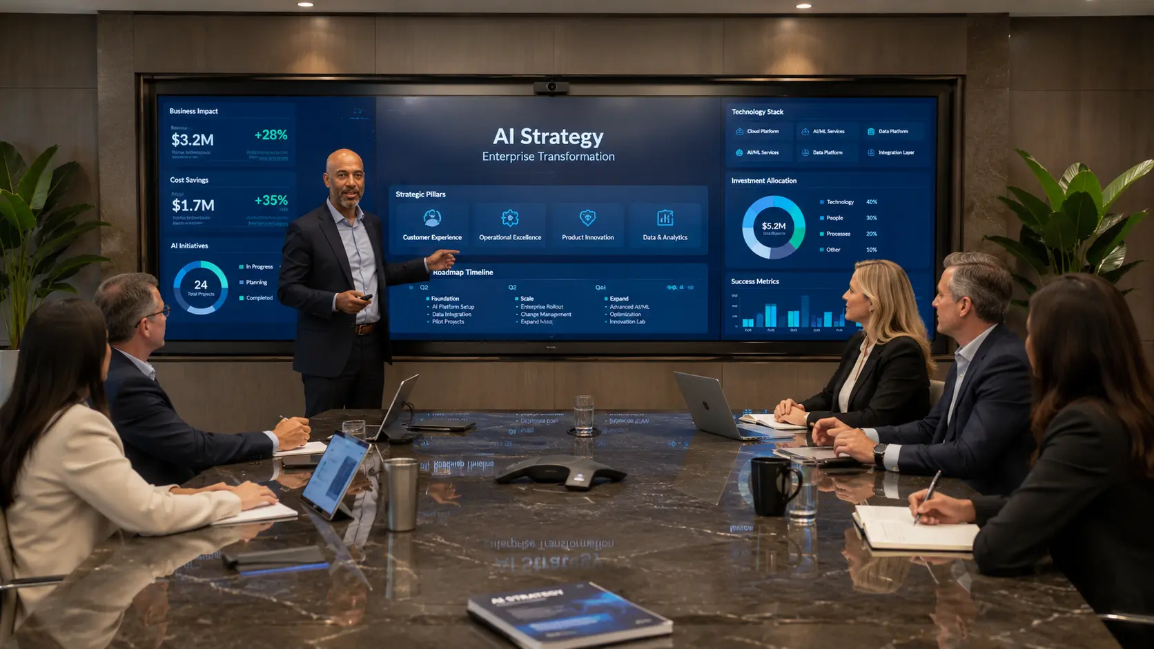 Corporate leaders discussing AI and cloud computing strategy