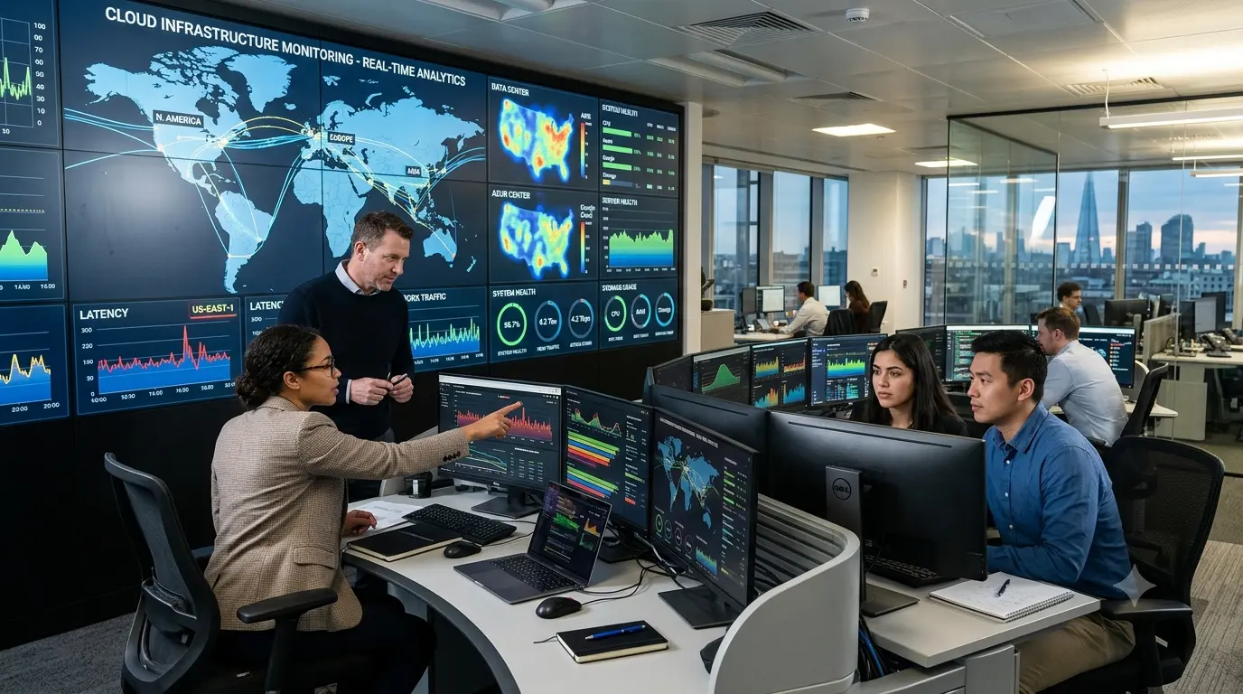 Business professionals using advanced data analytics and AI platform technology in a modern corporate office