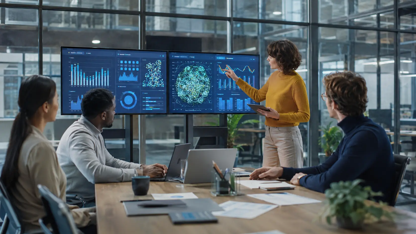 Business professionals using advanced data analytics and AI platform technology in a modern corporate office