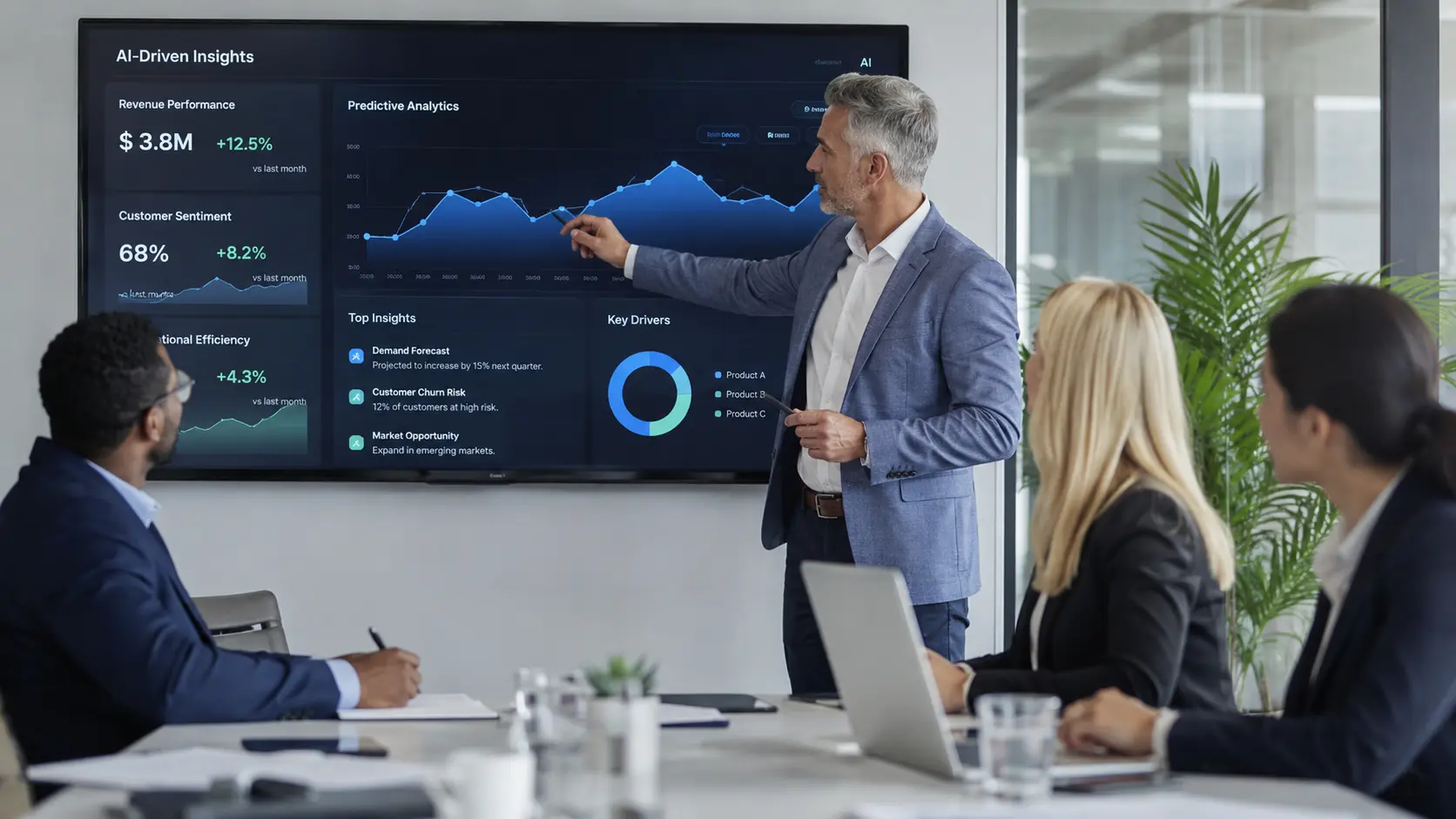 Business professionals using advanced data analytics and AI platform technology in a modern corporate office