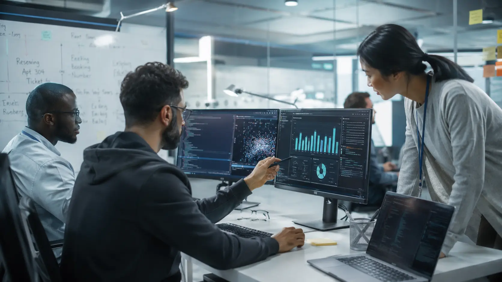Business professionals using advanced data analytics and AI platform technology in a modern corporate office
