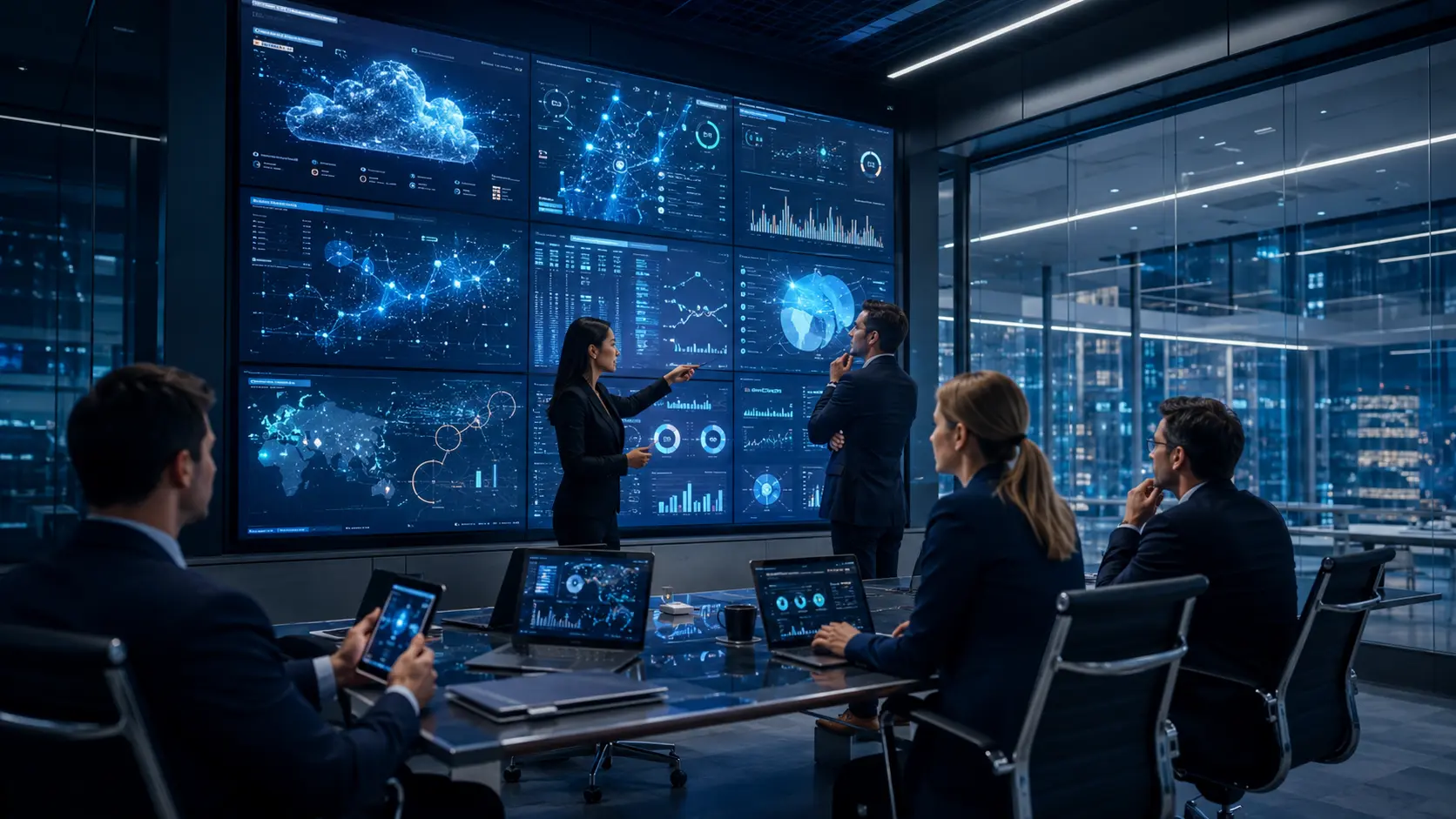Microsoft enterprise AI strategy dashboard showing cloud computing, cybersecurity analytics, and business software innovation in 2026