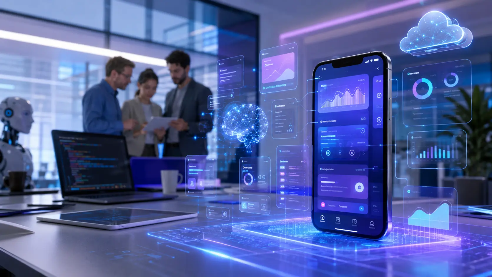 Mobile app development concept showing smartphone app interface with AI technology and cloud computing