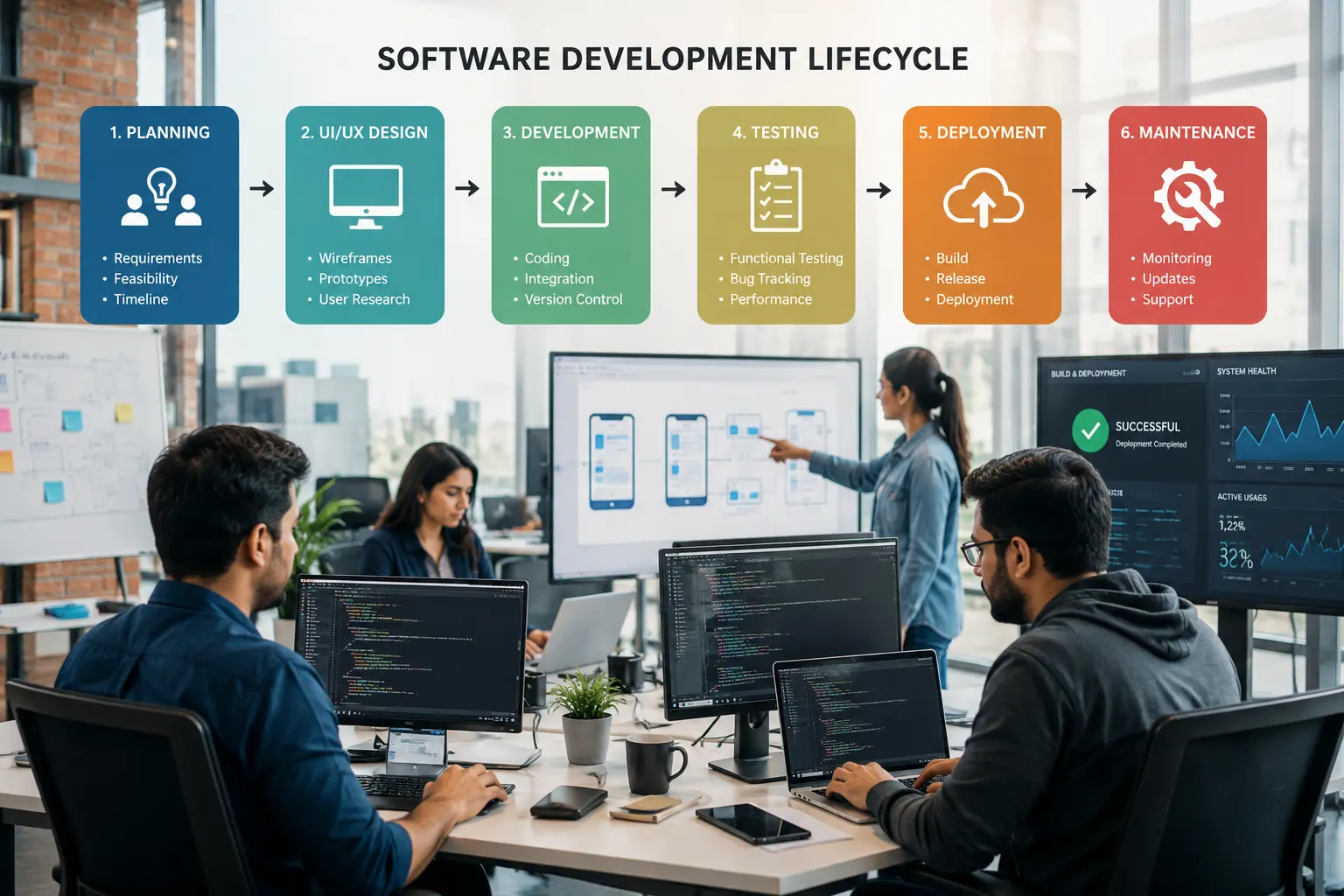 Mobile app development concept showing smartphone app interface with AI technology and cloud computing
