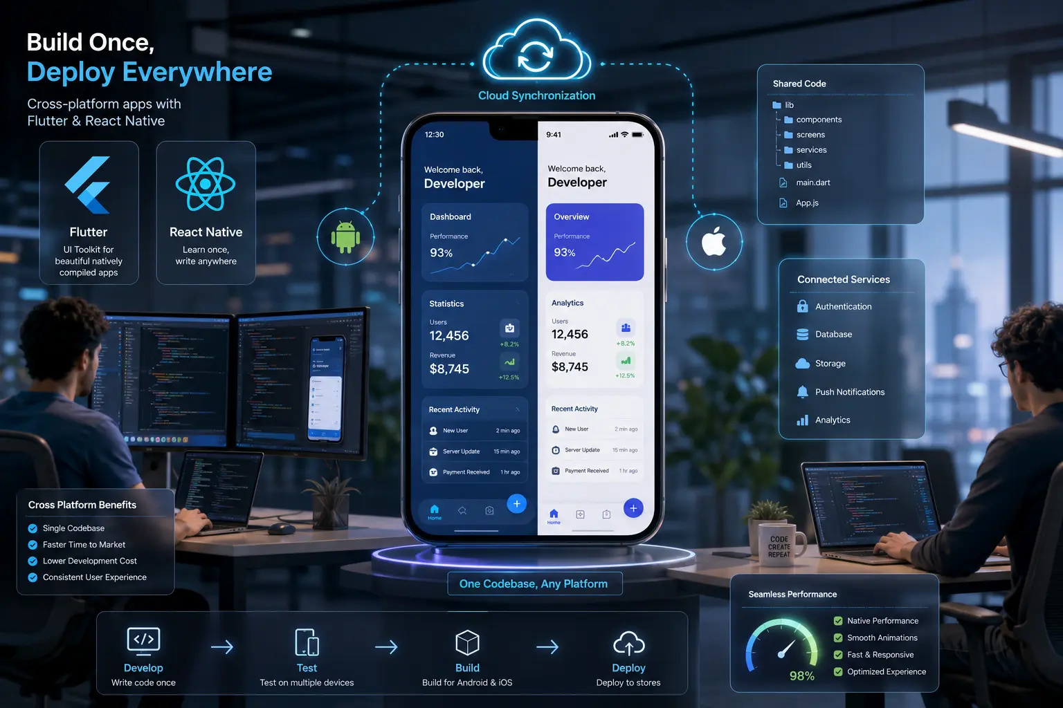 Mobile app development concept showing smartphone app interface with AI technology and cloud computing