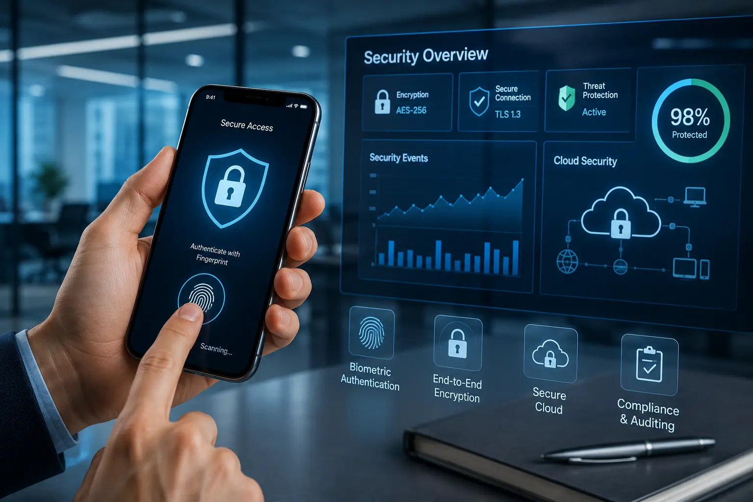 Mobile app development concept showing smartphone app interface with AI technology and cloud computing