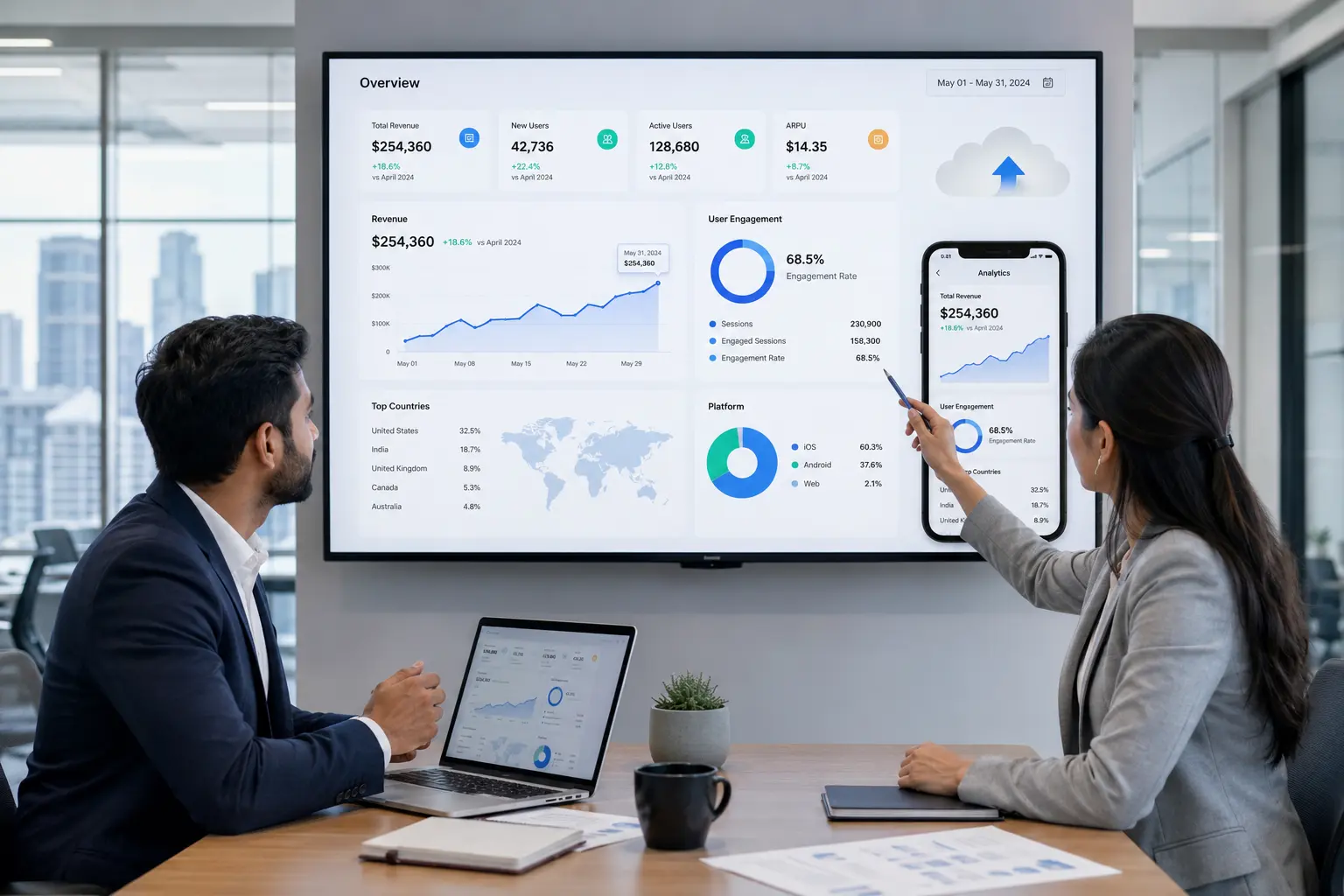Mobile app development concept showing smartphone app interface with AI technology and cloud computing