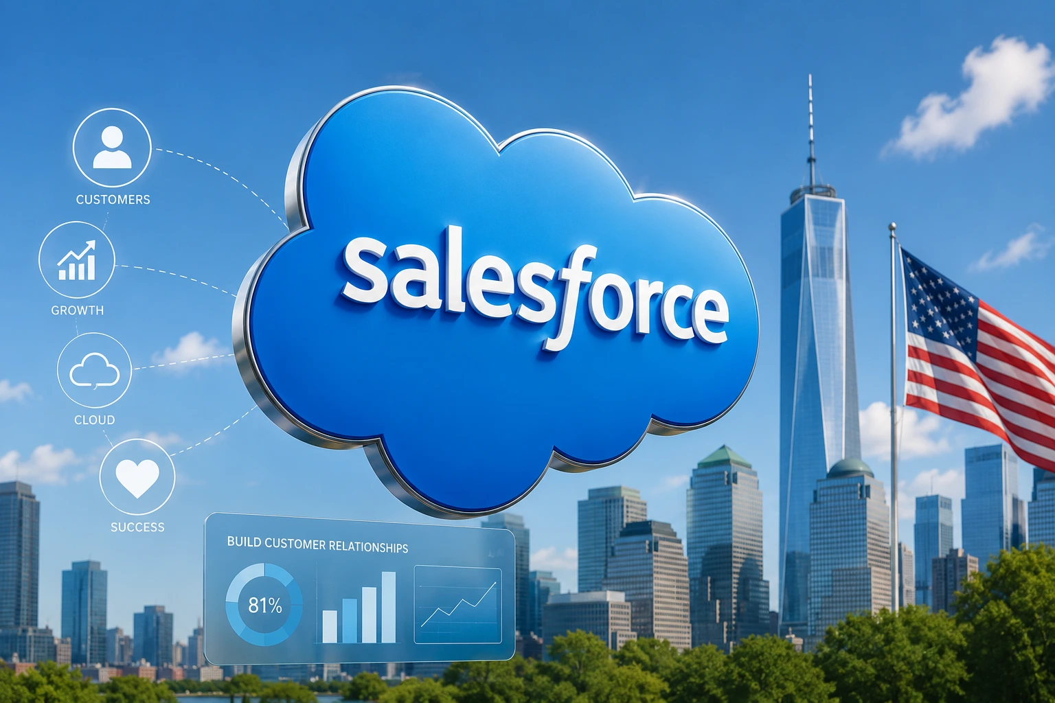Salesforce technology ecosystem featuring CRM software, artificial intelligence, cloud computing, business analytics, and enterprise digital transformation in the USA