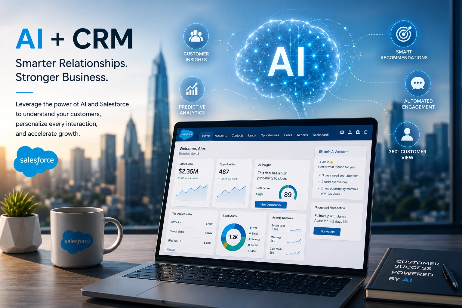 Salesforce technology ecosystem featuring CRM software, artificial intelligence, cloud computing, business analytics, and enterprise digital transformation in the USA