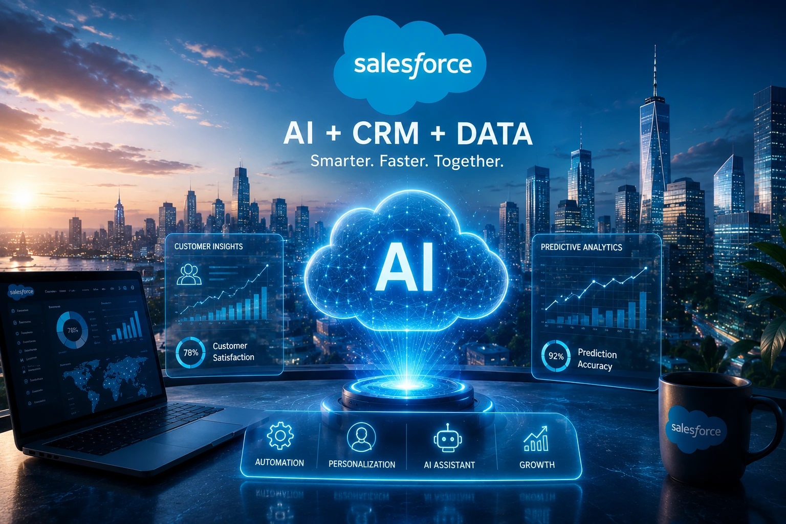 Salesforce technology ecosystem featuring CRM software, artificial intelligence, cloud computing, business analytics, and enterprise digital transformation in the USA