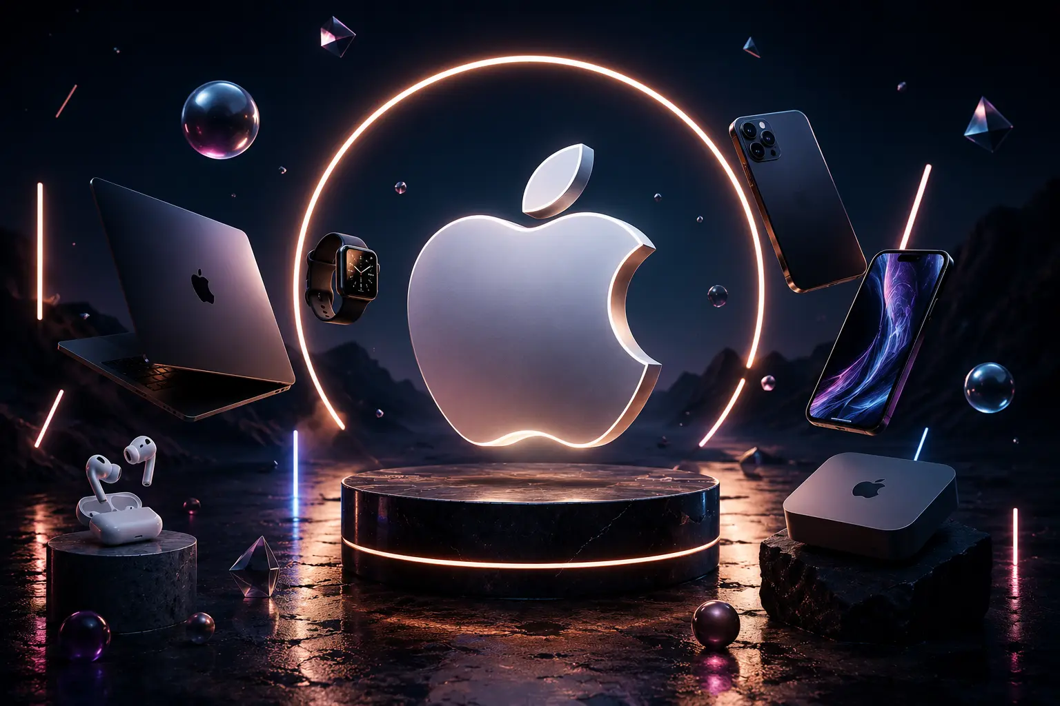 Apple ecosystem featuring AI-powered devices, software platforms, cloud services, and digital technology solutions for modern users and businesses