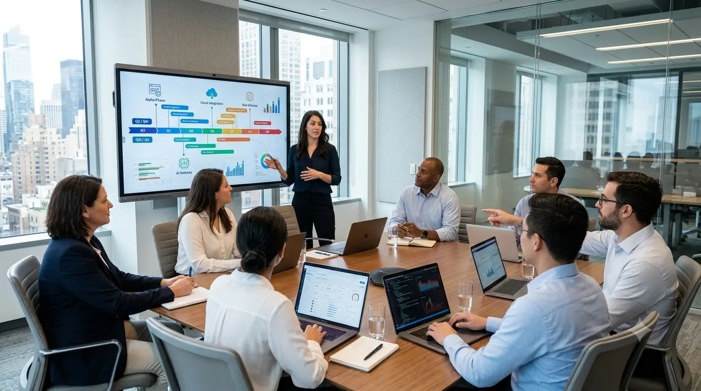 Business executives meeting with a software development company to discuss custom software solutions, cloud technology, and digital transformation.