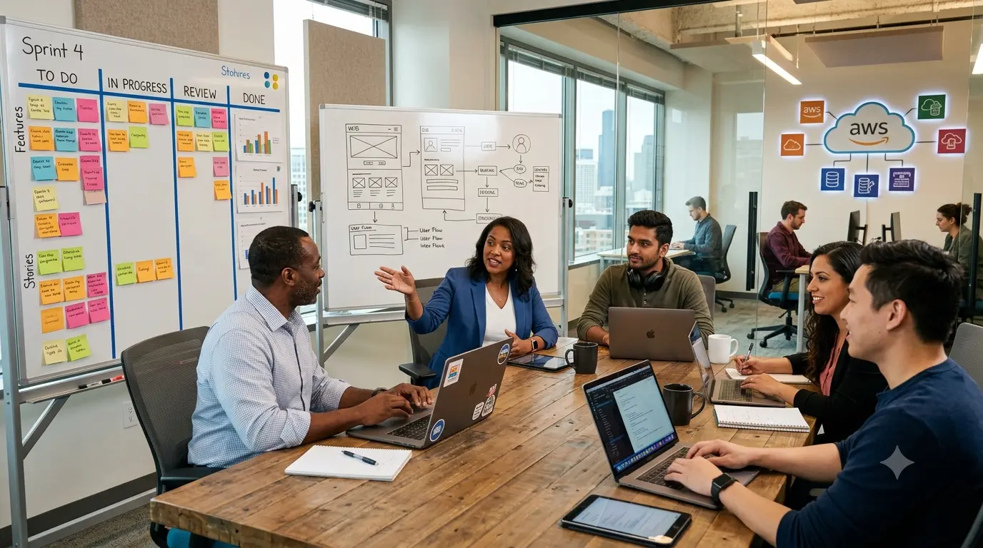 Business executives meeting with a software development company to discuss custom software solutions, cloud technology, and digital transformation.
