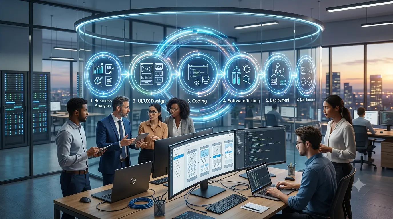 Business executives meeting with a software development company to discuss custom software solutions, cloud technology, and digital transformation.