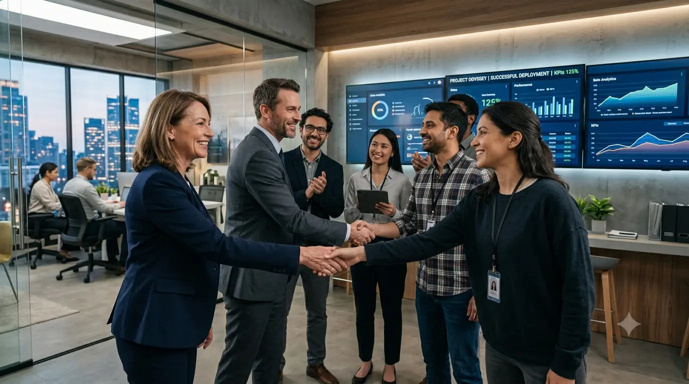 Business executives meeting with a software development company to discuss custom software solutions, cloud technology, and digital transformation.