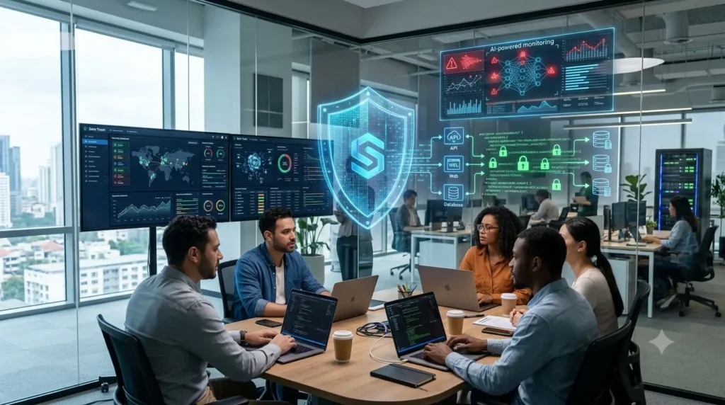 Business executives meeting with a software development company to discuss custom software solutions, cloud technology, and digital transformation.