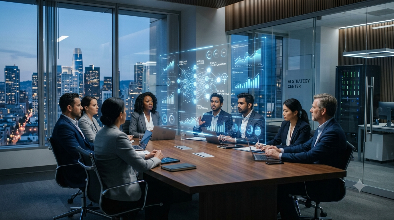 Business leaders and AI engineers developing scalable AI strategies using cloud computing, machine learning, and enterprise analytics in a modern corporate office.