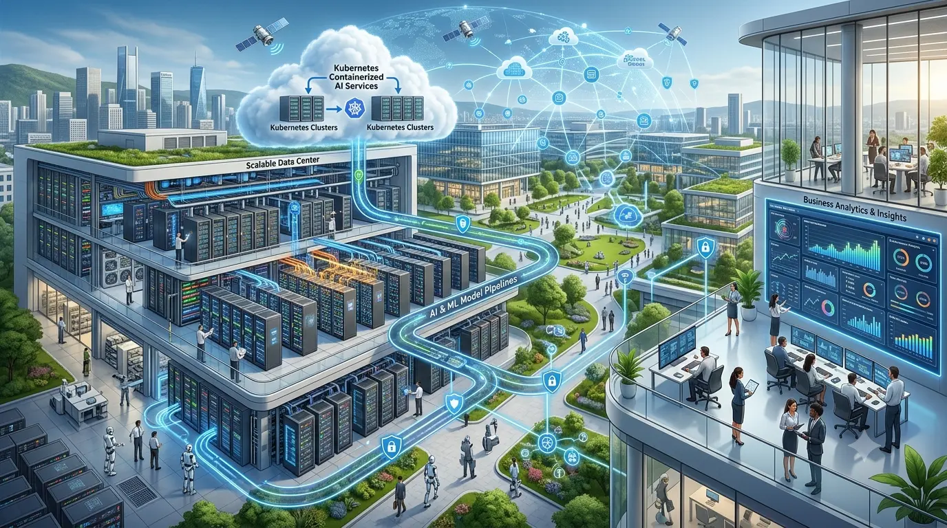 Business leaders and AI engineers developing scalable AI strategies using cloud computing, machine learning, and enterprise analytics in a modern corporate office.