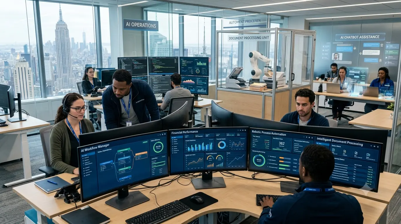 Business leaders and AI engineers developing scalable AI strategies using cloud computing, machine learning, and enterprise analytics in a modern corporate office.