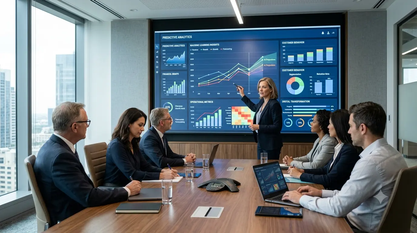 Business leaders and AI engineers developing scalable AI strategies using cloud computing, machine learning, and enterprise analytics in a modern corporate office.