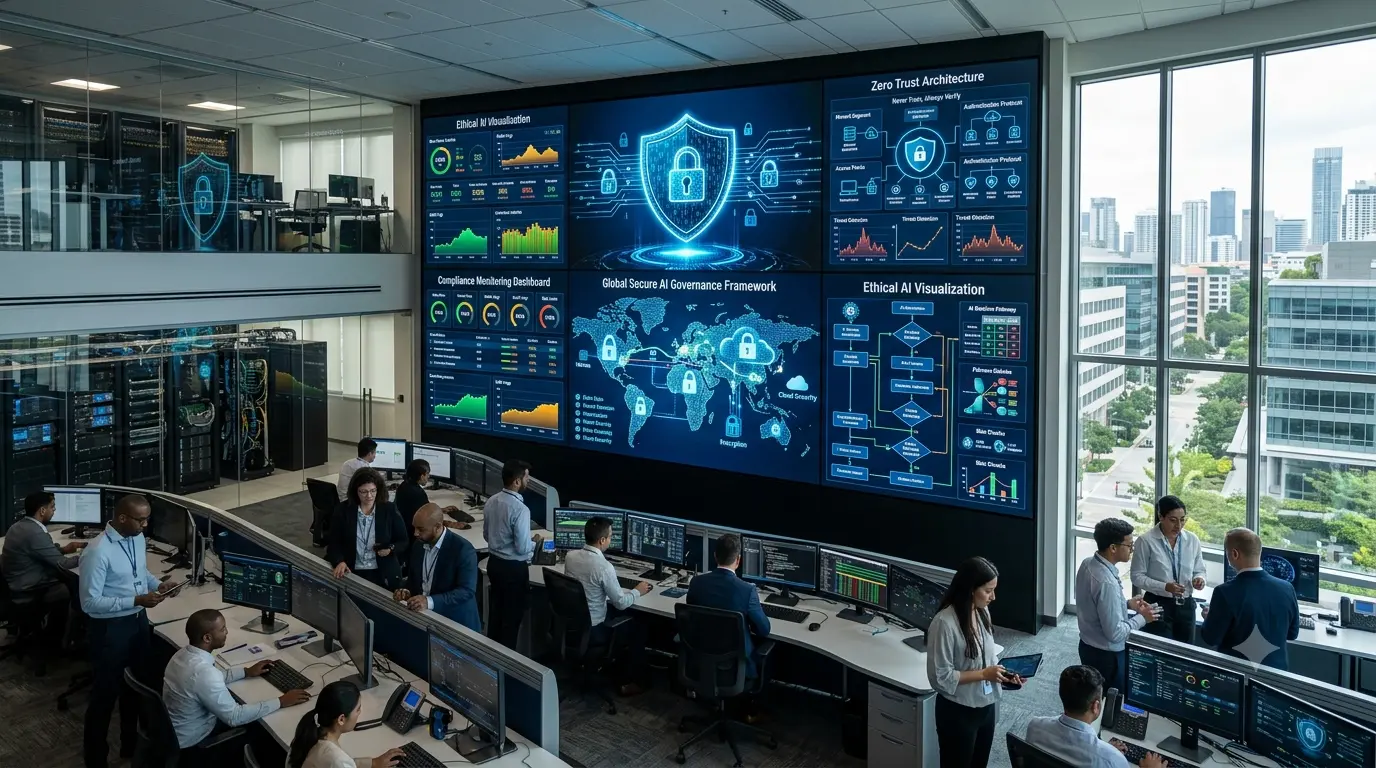 Business leaders and AI engineers developing scalable AI strategies using cloud computing, machine learning, and enterprise analytics in a modern corporate office.