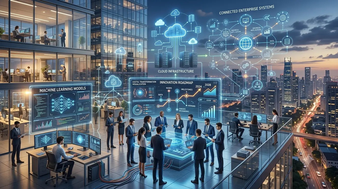Business leaders and AI engineers developing scalable AI strategies using cloud computing, machine learning, and enterprise analytics in a modern corporate office.