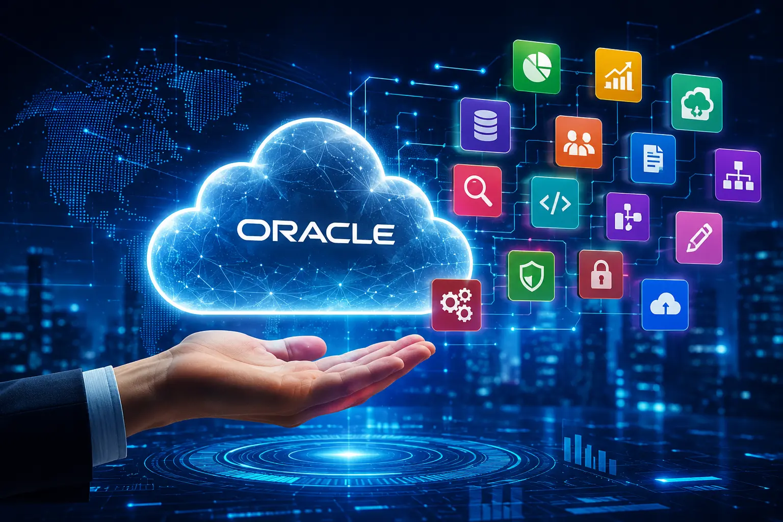 "Oracle enterprise technology ecosystem featuring cloud infrastructure, AI, database solutions, ERP software, and secure business applications driving digital transformation for modern organizations."