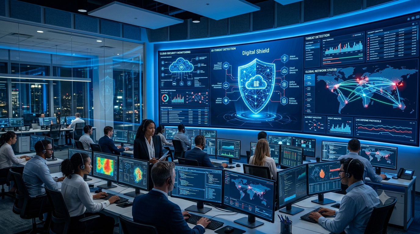 Cybersecurity experts using AI-powered threat detection, cloud security, and network monitoring to improve cybersecurity for modern businesses.