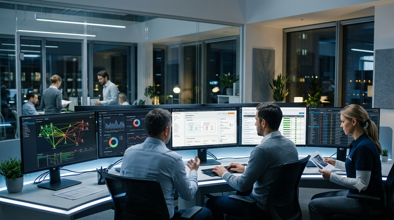 Cybersecurity experts using AI-powered threat detection, cloud security, and network monitoring to improve cybersecurity for modern businesses.