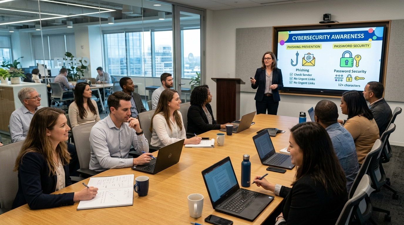 Cybersecurity experts using AI-powered threat detection, cloud security, and network monitoring to improve cybersecurity for modern businesses.