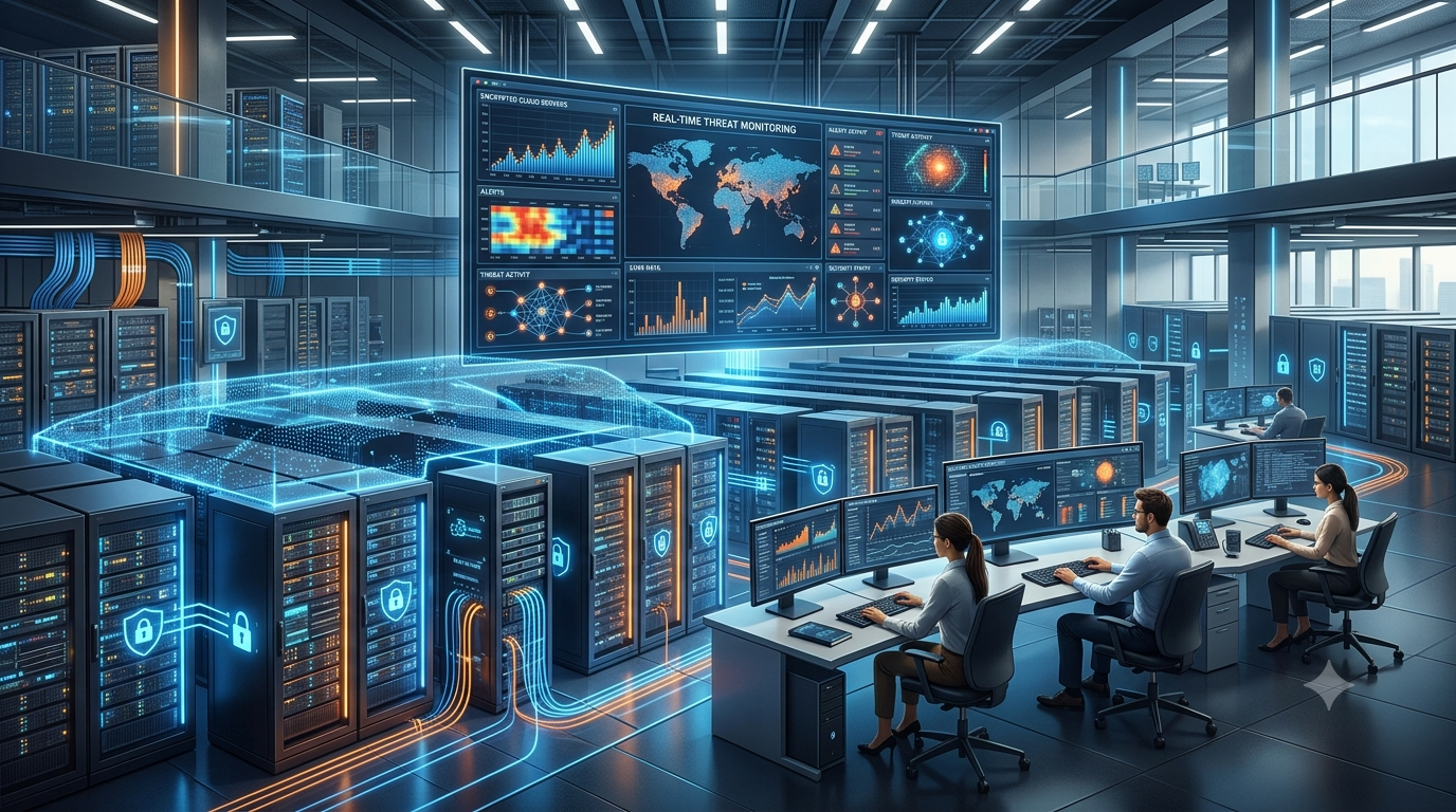Cybersecurity experts using AI-powered threat detection, cloud security, and network monitoring to improve cybersecurity for modern businesses.
