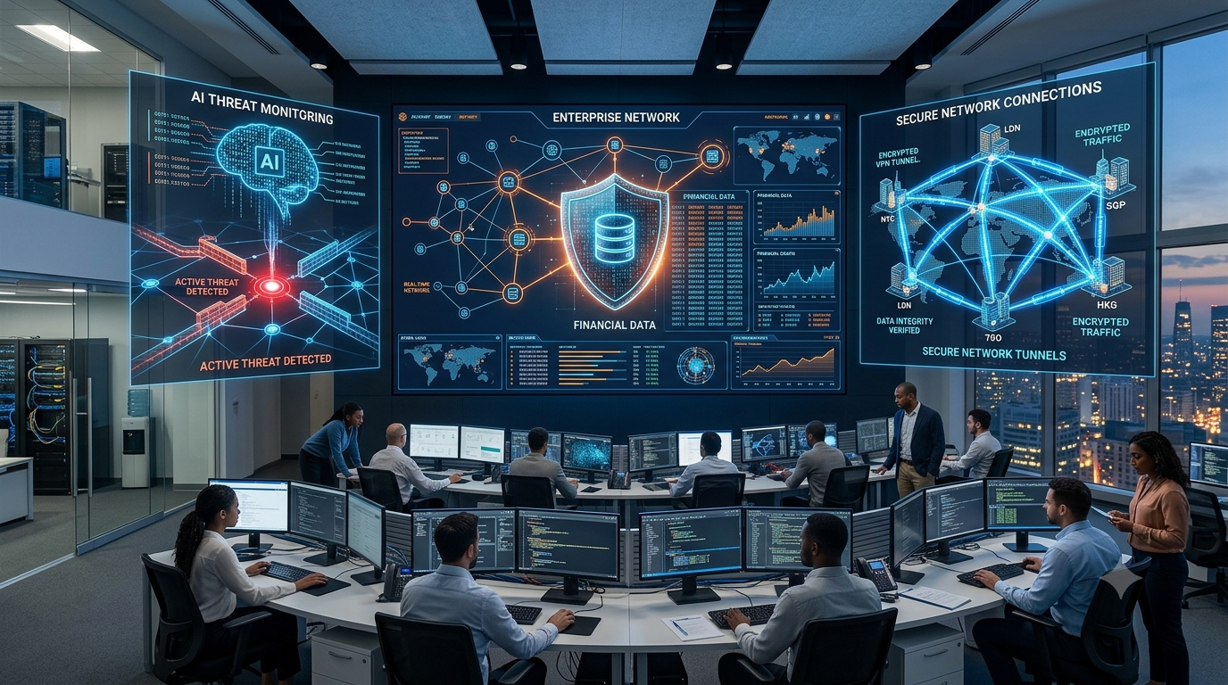 Cybersecurity experts using AI-powered threat detection, cloud security, and network monitoring to improve cybersecurity for modern businesses.