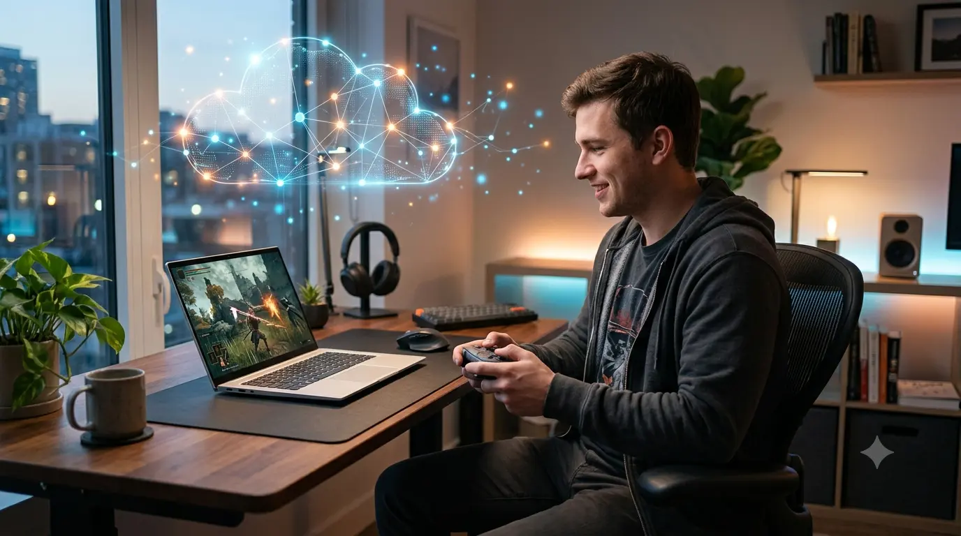 Gamer streaming Xbox Cloud Gaming on a smart TV with a wireless controller, showcasing cloud-based game streaming and next-generation gaming technology.