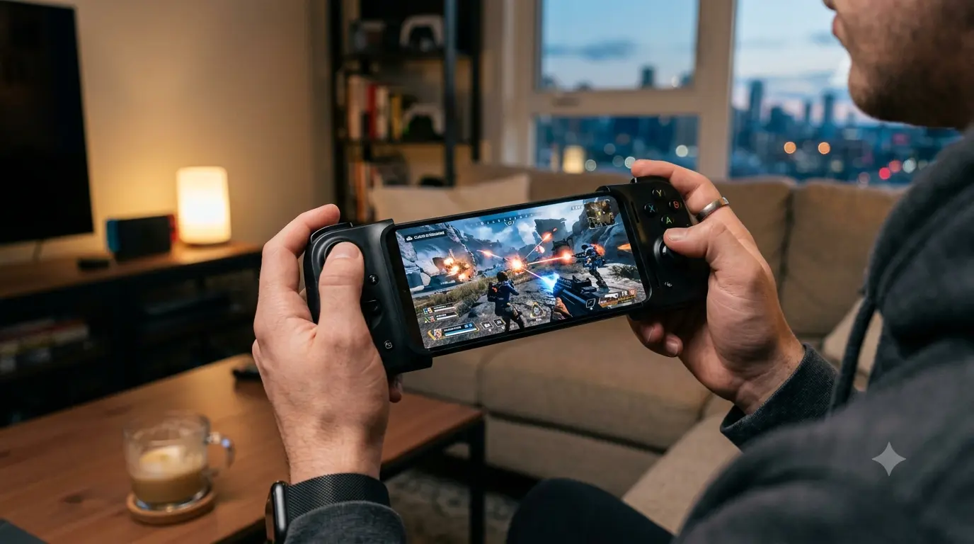 Gamer streaming Xbox Cloud Gaming on a smart TV with a wireless controller, showcasing cloud-based game streaming and next-generation gaming technology.