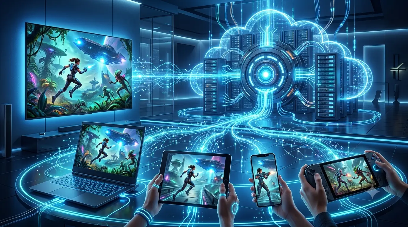 Gamer streaming Xbox Cloud Gaming on a smart TV with a wireless controller, showcasing cloud-based game streaming and next-generation gaming technology.