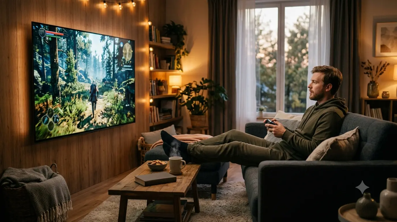 Gamer streaming Xbox Cloud Gaming on a smart TV with a wireless controller, showcasing cloud-based game streaming and next-generation gaming technology.