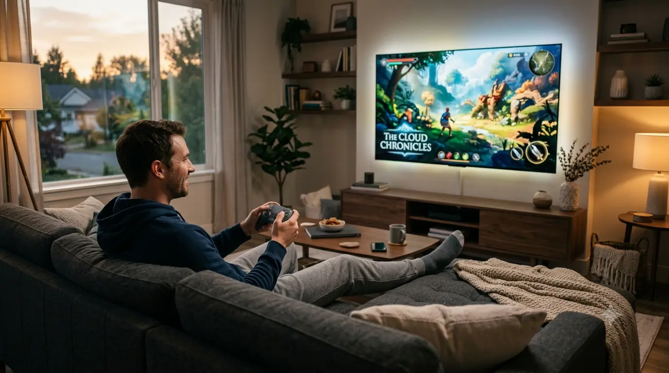Gamer streaming Xbox Cloud Gaming on a smart TV with a wireless controller, showcasing cloud-based game streaming and next-generation gaming technology.