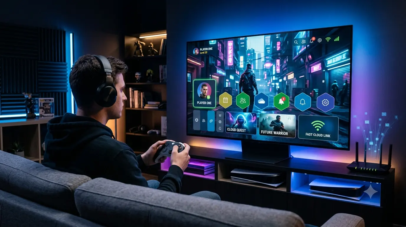 Gamer streaming Xbox Cloud Gaming on a smart TV with a wireless controller, showcasing cloud-based game streaming and next-generation gaming technology.
