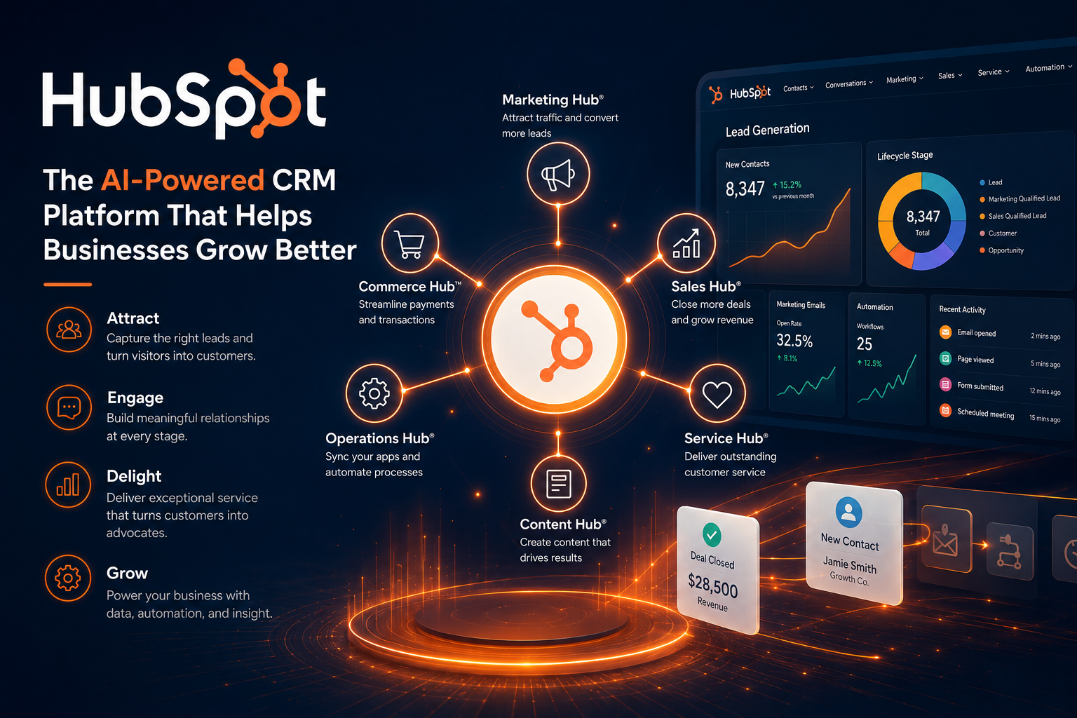 HubSpot CRM platform featuring marketing automation, sales software, artificial intelligence, and customer relationship management for U.S. businesses.
