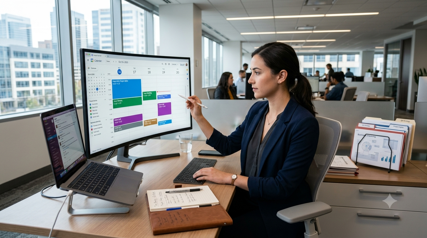 Professional organizing calendar on a laptop in a modern office to improve productivity and time management.
