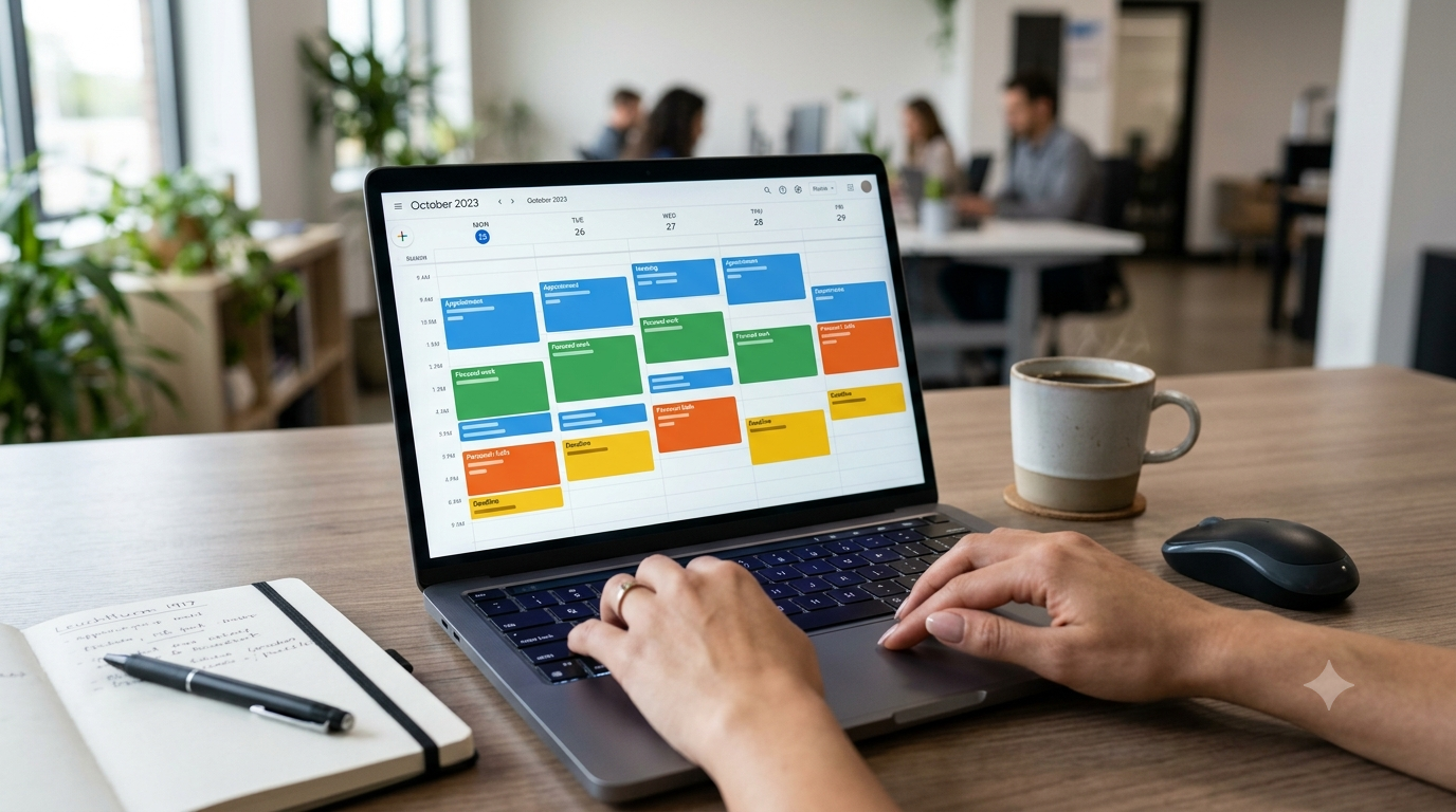 Professional organizing calendar on a laptop in a modern office to improve productivity and time management.