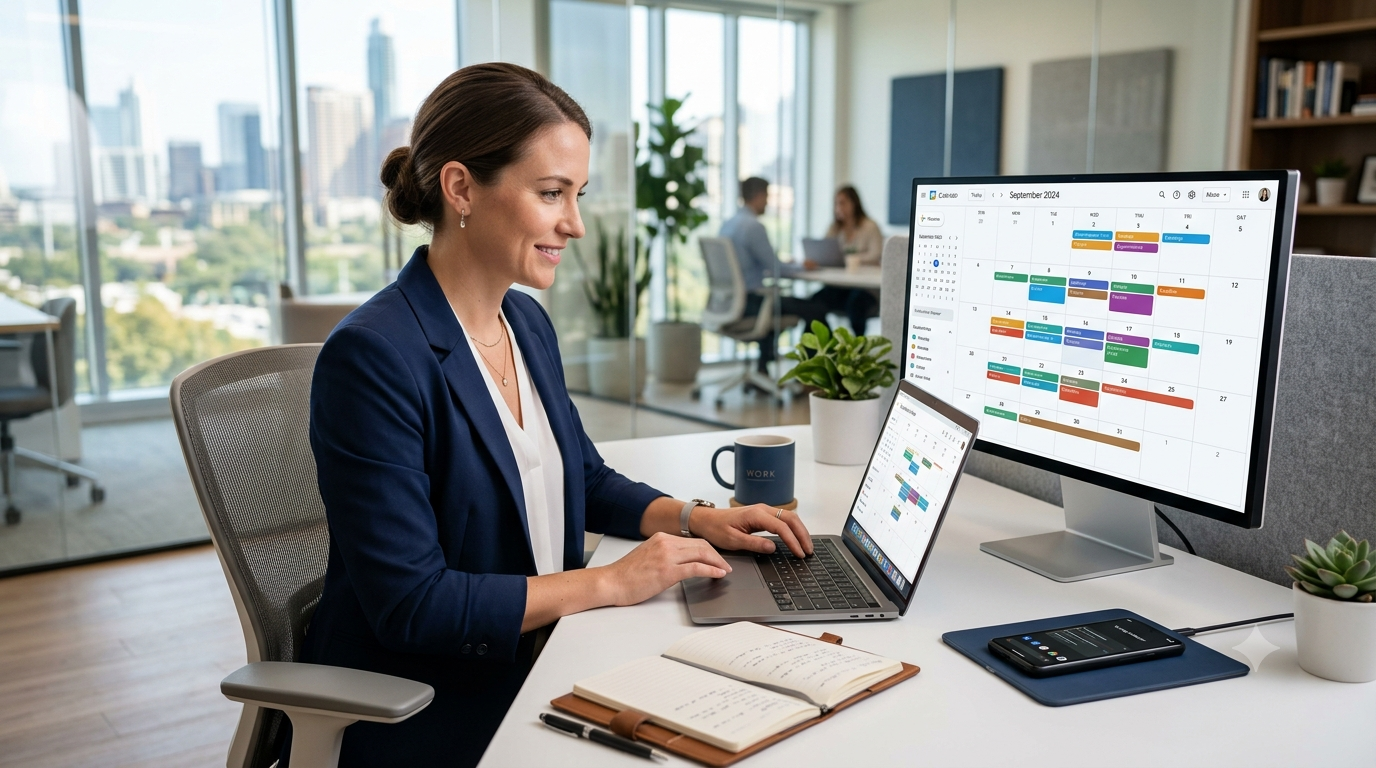 Professional organizing calendar on a laptop in a modern office to improve productivity and time management.