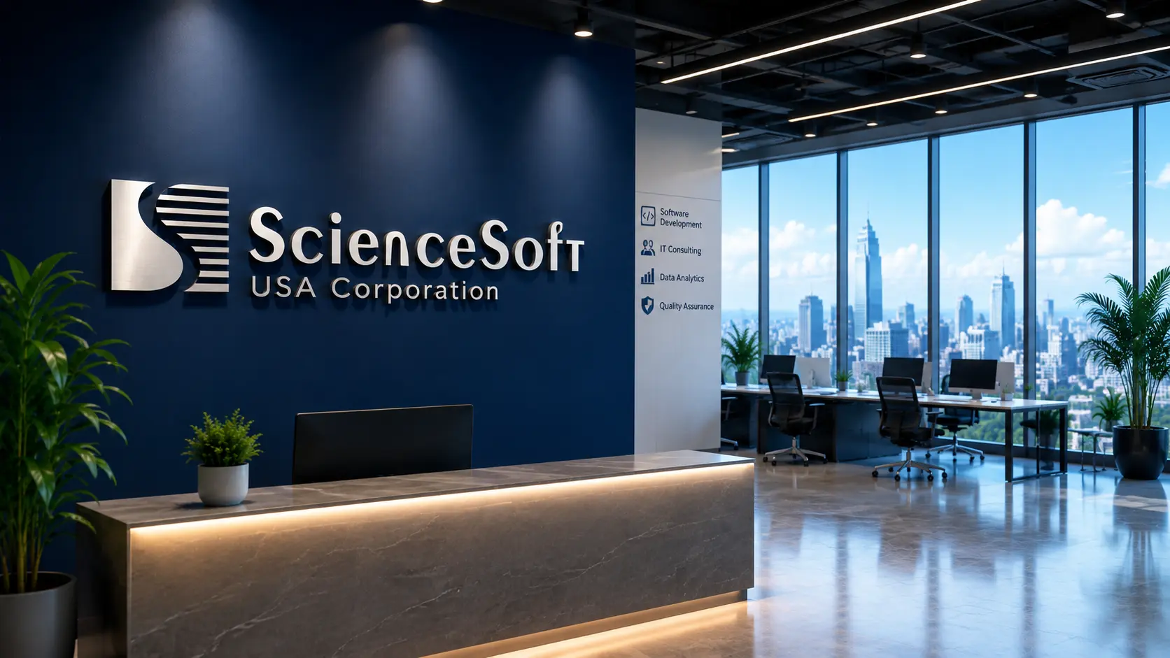 Modern ScienceSoft USA Corporation office with collaborative software development workspace