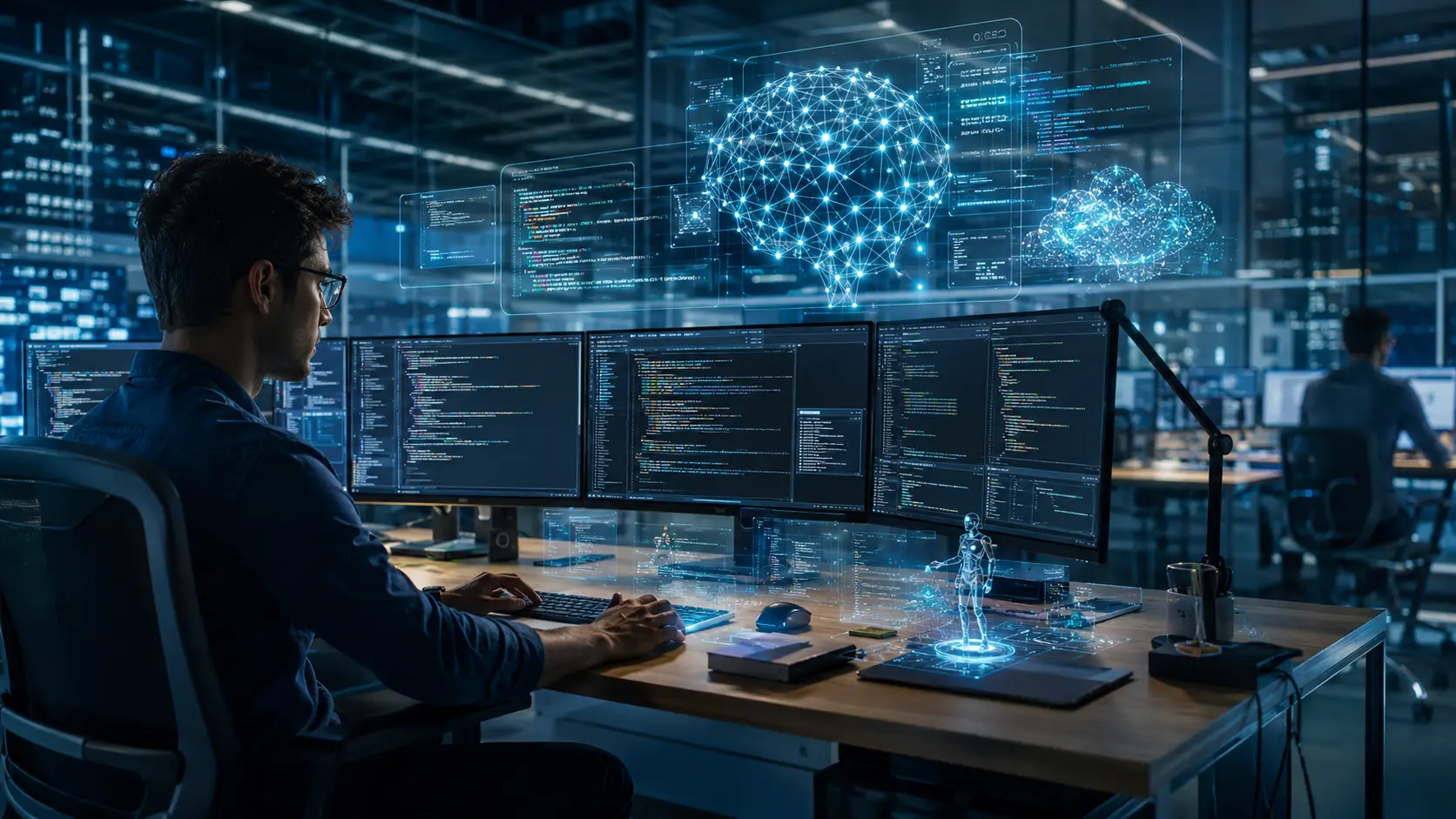 Software developers collaborating on a modern software development project with AI tools, cloud computing, and DevOps technologies in a U.S. technology office.