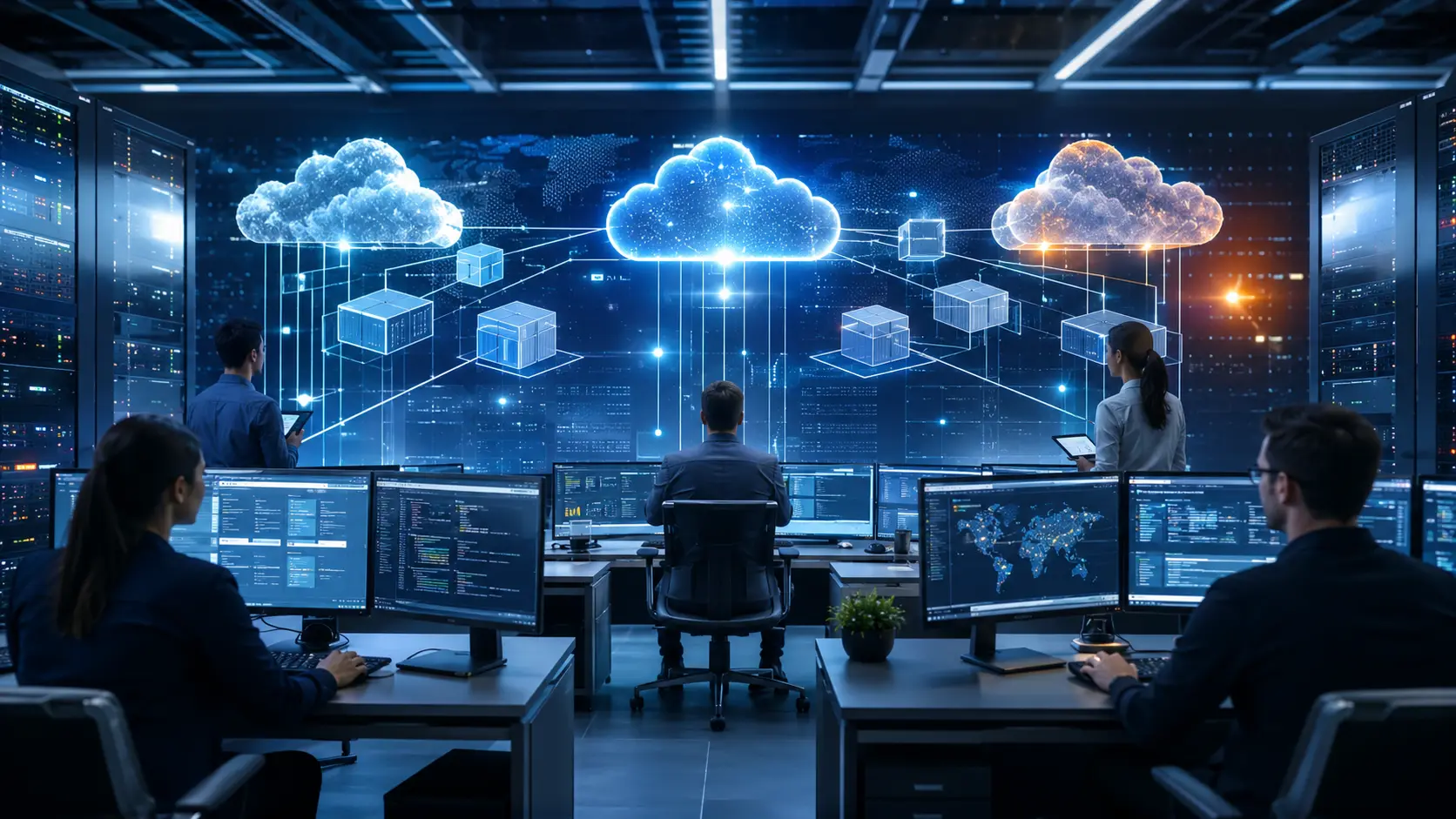 Software developers collaborating on a modern software development project with AI tools, cloud computing, and DevOps technologies in a U.S. technology office.