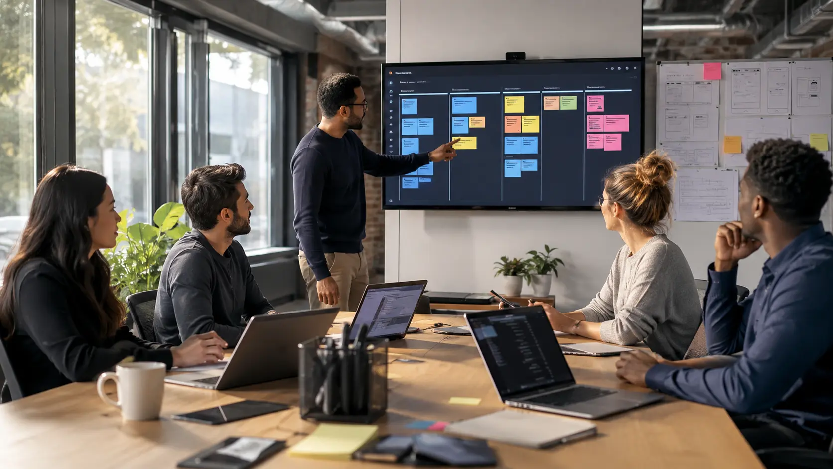 Software developers collaborating on a modern software development project with AI tools, cloud computing, and DevOps technologies in a U.S. technology office.