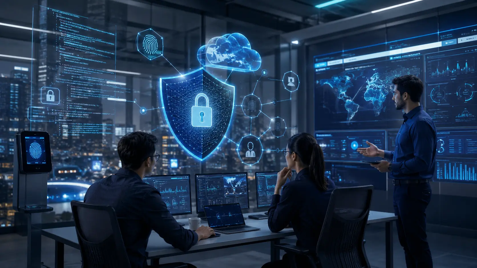 Software developers collaborating on a modern software development project with AI tools, cloud computing, and DevOps technologies in a U.S. technology office.