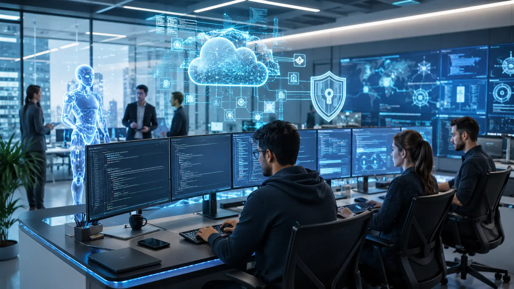 Software developers collaborating on a modern software development project with AI tools, cloud computing, and DevOps technologies in a U.S. technology office.